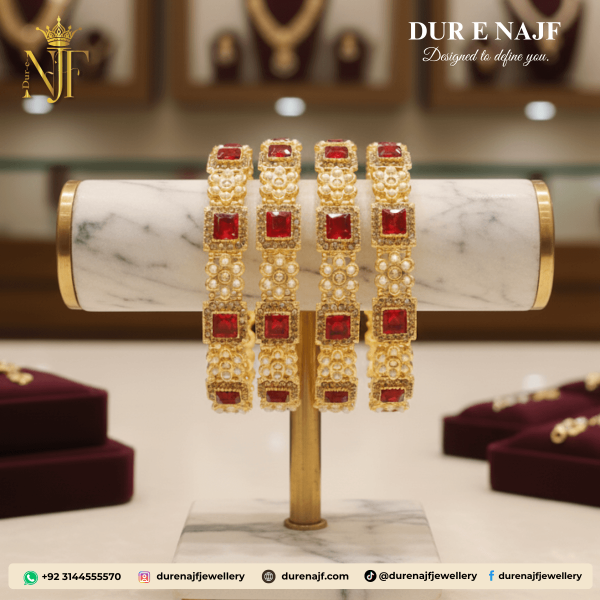 Wide Gold Plated Bangle Set with Faux Rubies