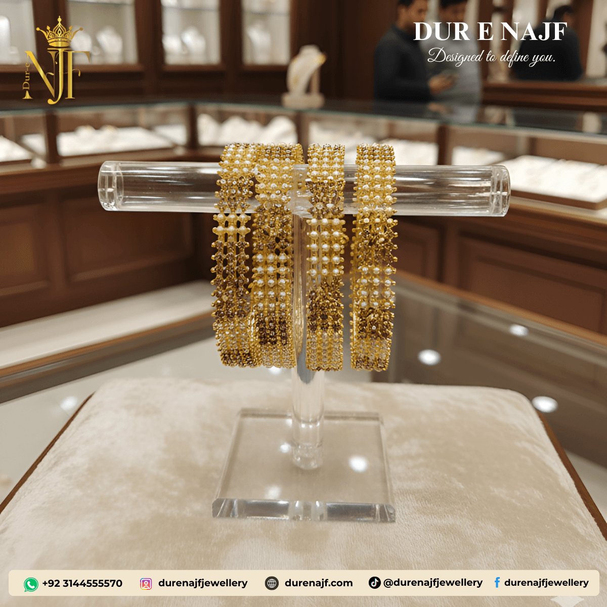 Luminous Pearl and Gold Beaded Stacking Bangles (Set of 4)