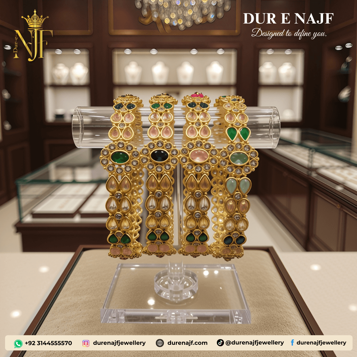 Traditional Antique Gold-Tone Kada Set (Multi-Color Stones)